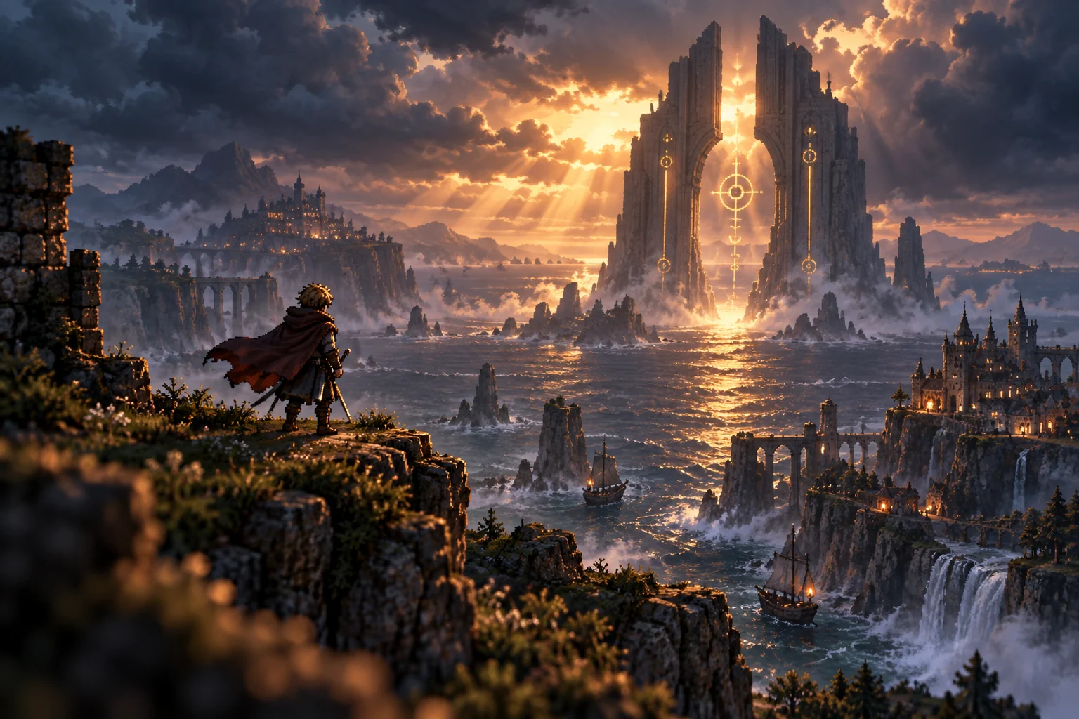 Early concept art: a lone traveller overlooks a sea of islands and an ancient glowing gate